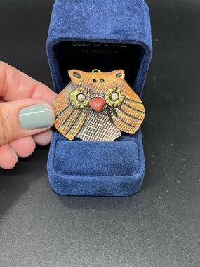 Handmade Owl Pendant Necklace in Orange and Gold